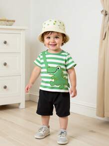 Conjunto de 2 piezas para bebé niño: Camiseta de manga corta con bordado de dinosaurio a rayas y cola 3D, y pantalones cortos de color liso. Conjunto de vestimenta adorable y de moda adecuado para el verano - Multicolor - Ver 3