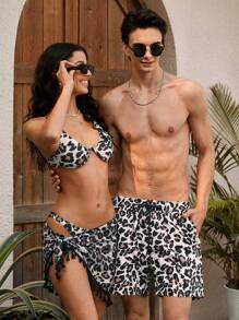 Manfinity VDAYZ Short de plage décontracté pour hommes à imprimé léopard avec poche et nœud devant