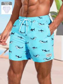 Manfinity Swimmode Shorts informales de playa con estampado total y cierre delantero para hombres, estilo de vacaciones sencillo, hawaiano