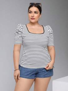 SHEIN Essnce 大码女式夏季休闲紧身方领T恤3件装，夏季，女式可爱上衣，条纹T恤，夏季 - 黑與白 - 查看 7