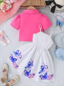 2pcs/Set Girls Elegant Office Style Short Sleeve Jacket And Cami Dress For Summer