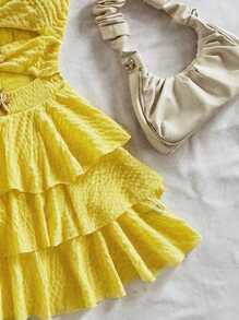 Soleia Gaun Liburan Pantai Musim Panas Berwarna Kuning yang Lucu, Gaun Tamu Pernikahan Gaya Bohemian Barat Warna Krem, Gaun Halter Berlapis Ruffle Tropis Elegan untuk Wisuda & Brunch - Kuning - View 4
