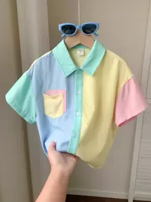 SHEIN Leap Crew 1pc Young Boy/Girl Kids Comfortable Daily Versatile Fashionable Loose Fit Japanese And Korean Style Color Splicing Contrasting Tie Pocket Short Sleeved Shirt, Suitable For Spring And Summer Seasons, Daily Life, Sports, Campus, Gatherings, Festivals, Performances, Photography, Back To School Season - Multicolor - View 4