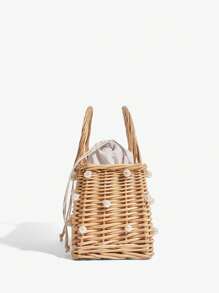 SHEIN SXY 女士手提包，草编包，藤编，珍珠，时尚，优雅，简约，个性化，多功能，适合海滩，度假，节日，夏季，海边 - 米色 - 查看 4