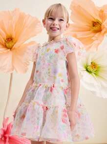 SHEIN Young Girls' Elegant Watercolor Floral Patchwork White Net Yarn Ruffle Hem Casual Vacation Dresses,Occassion,Wedding - White - View 1
