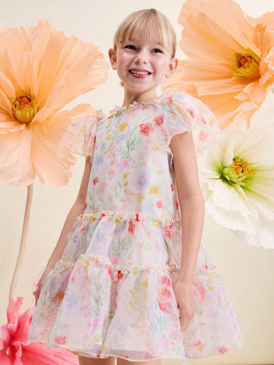 SHEIN Young Girls' Elegant Watercolor Floral Patchwork White Net Yarn Ruffle Hem Casual Vacation Dresses,Occassion,Wedding - White - View 1
