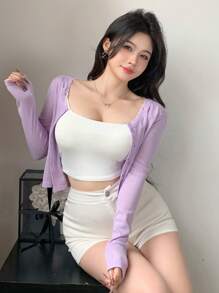 DAZY Áo len cardigan tay dài ôm vừa vặn, cổ chữ V, màu trơn, cài nút ren phía trước cho nữ - Màu tím - Xem 2