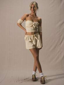 MUSERA 心形领口露肩泡泡袖蝴蝶结中心合身仅适合春夏可爱度假 - 黃色 - 查看 5