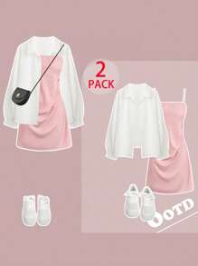 SHEIN LUNE Plus Size Camisole Ruched Dress & White Shirt 2 Pieces Set, Casual Vacation Style Fall Cloth For Women - Pink - View 1