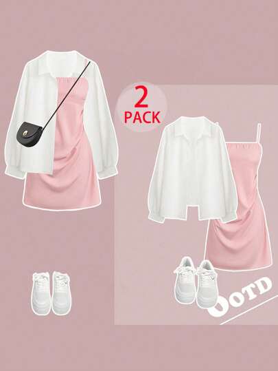 SHEIN LUNE 大码吊带背心褶饰连衣裙和白衬衫两件套，休闲度假风格