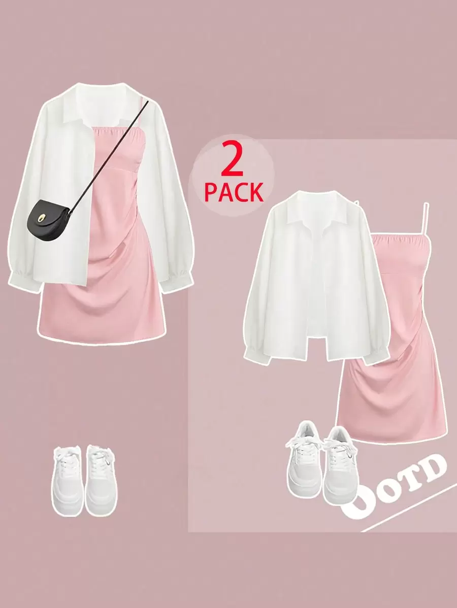 SHEIN LUNE Plus Size Camisole Ruched Dress & White Shirt 2 Pieces Set, Casual Vacation Style Fall Cloth For Women - Pink - View 1