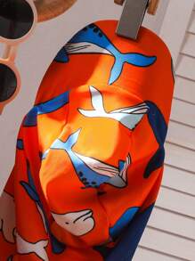 SHEIN 2 Stücke/Set süßer Kleine Jungen Cartoon Muster Farbblock Langarm Badeanzug & Hut Set, perfekt für Urlaub/Strand/Pool, geeignet für Frühling/Sommer