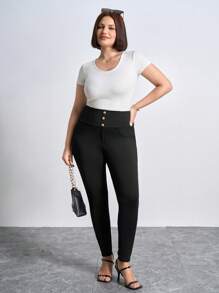Chikora Pantalones largos de cintura alta de talla grande y ajuste delgado en unicolor para vacaciones y tiempo libre