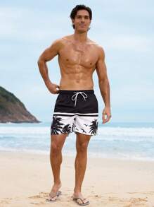 Surfspeed Men's Solid Color Patchwork Front Tie Pockets Casual Beach Pants Men Swim Trunks,Hawaiian - Black and White - View 3