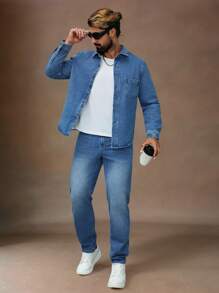 Manfinity Homme Plus Size Men Casual Denim Set, Denim Shirt & Washed Jeans, Minimalist & Fashionable For Daily Wear, Fall - Blue - View 5