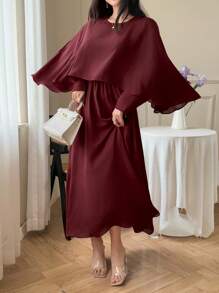 DAZY Váy dự tiệc bằng vải voan dài đến bắp chân dành cho nữ, Đầm dài tay thanh lịch mùa xuân/thu - Gỗ đỏ - Xem 7