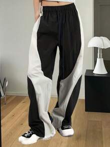 SHEIN EZwear Women's Spring/Summer Cargo Sportswear Couple Costumes Color-Blocked Joggers Pants With Pockets - Black - View 1