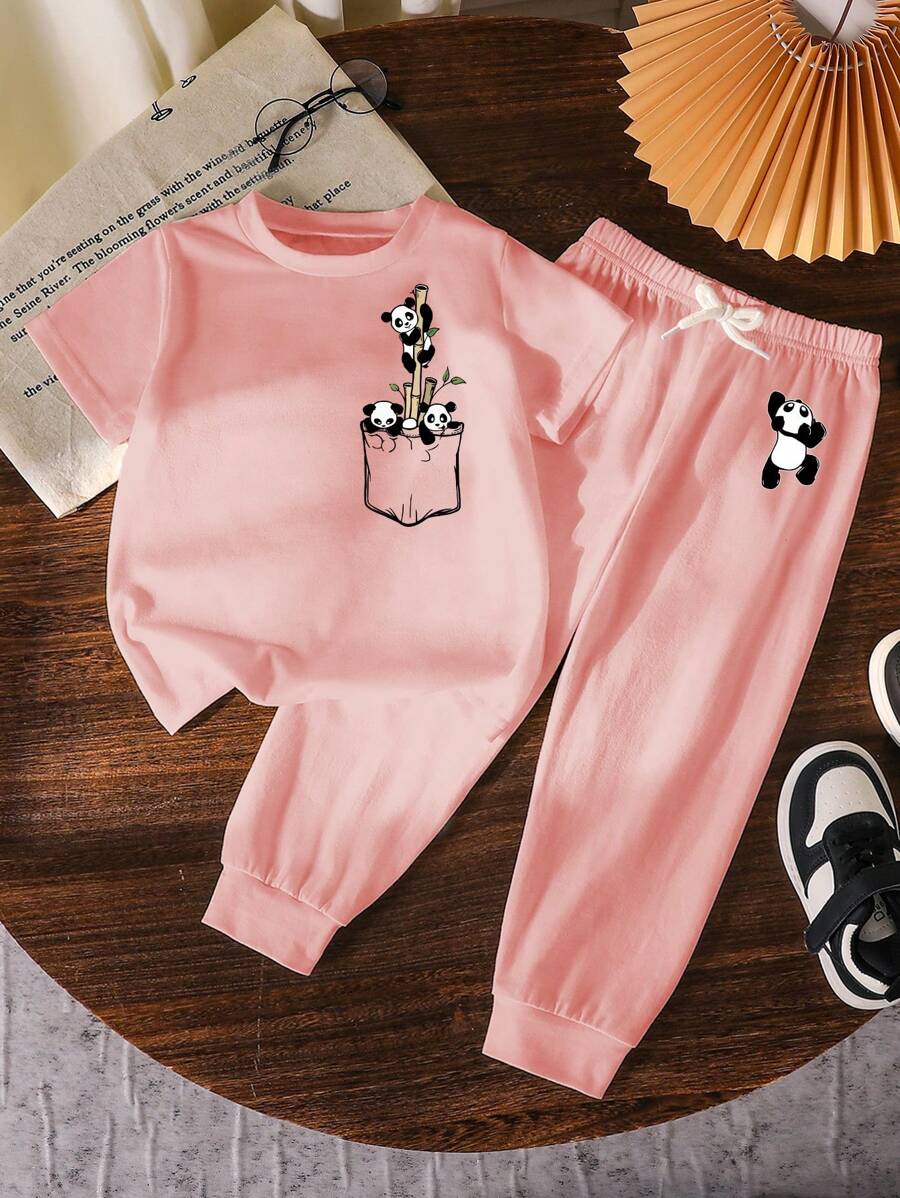 Conjunto de 2 piezas de top de manga corta y pantalones con estampado de pandas para niña joven - Rosa - Ver 1