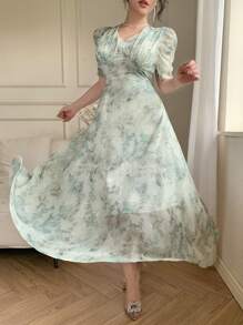DAZY Women's Floral Allover Print V-Neck Mid-Calf Dress, Elegant Style For Summer - Mint Green - View 2