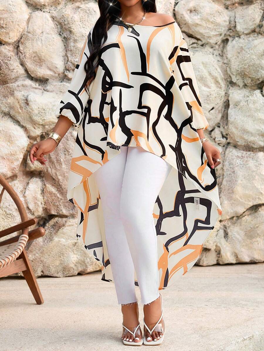 SHEIN Lady Spring And Summer Elegant Commuting Office Casual Boho Colorful Woven Round Neck High Low Quarter Sleeves Plus Size T-Shirts Plus Size Blouses - Multicolor - View 1