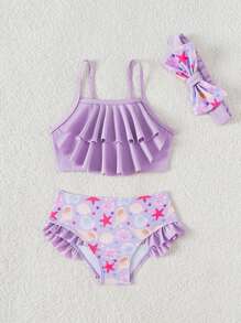 Conjunto de bikini para niñas pequeñas con volantes y estampado de conchas marinas, talla grande diadema, traje de baño de 3 piezas para bebé niña - Multicolor - Ver 2
