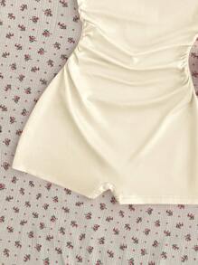 Muchica Women's Apricot Knitted Casual Short Unitard With Ruched Detailing And Spaghetti Straps - Apricot - View 4