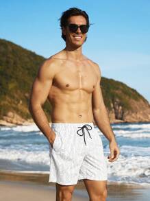 Manfinity VDAYZ Men's All-Over Print Drawstring Waist Beach Shorts, Casual Men Swim Trunks - White - View 6