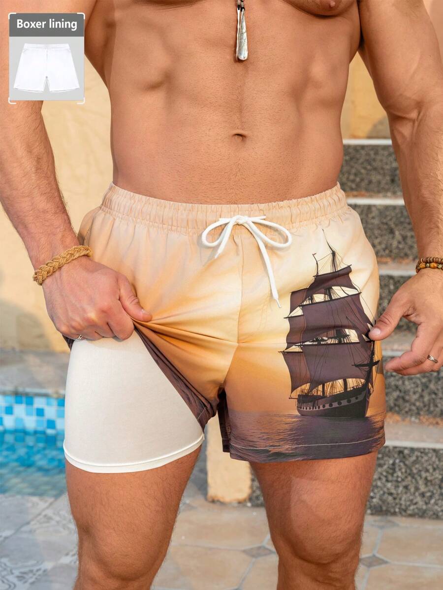 Manfinity Swimmode Men's Sailing And Seascape Print Drawstring Waist Beach Shorts Men Swim Trunks - Khaki - View 1