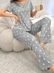 SHEIN Conjunto De Pijama De Camiseta De Manga Corta Con Diseño En Corazones Para Mujeres Y Pantalones Con Lazo - Gris Claro - Ver 4