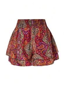 SHEIN LUNE Plus Size Boho Vacation Paisley Print Ruffle Trim Shorts - Orange - View 2