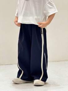 Young Boy Loose Fit Casual Trousers With Contrast Striped Side Decoration, Collegiate Style,Kids - Navy Blue - View 4