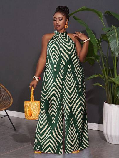 Slaydiva 大码女式休闲无袖菱形条纹阔腿连体裤，适合度假和日常穿着