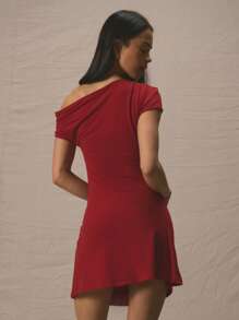 MUSERA Asymmetrical Neck Ruched Waist Fitted Mini Dress For Summer Cute Vacation 90's Y2k Evening - Red - View 3