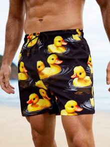 Surfspeed Men's Drawstring Waist Cartoon Duck Print Beach Shorts Men Swim Trunks - Yellow - View 4