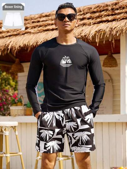 Manfinity Swimmode 2 件男士度假海滩椰子树印花长袖短裤泳衣套装，夏威夷风情