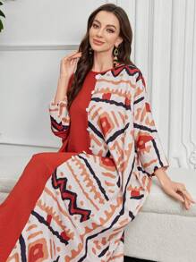 Al Najma Lente/Zomer Dames Ronde Hals Geometrisch Patroon Patchwork Effen Kleur Turkse & Arabische Stijl Lange Jurk