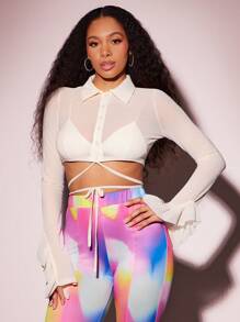 Vixey 荷叶边长袖透明网眼纽扣短款上衣，夏季上衣，波西米亚风，节日风，西部风，牛仔风，嬉皮风 - 白色 - 查看 3