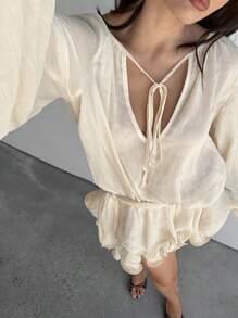 Aloruh Women's Apricot Shiny Lantern Sleeve Loose Tie-Up Ruched Multi-Layer Ruffle Hem Mini Romantic Chiffon Dress - Apricot - View 7