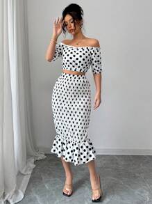 Elenzga Elegant Sexy Bohemian Off Shoulder Two-Piece Set: Polka Dot Frill Hem Cropped Top - White - View 4