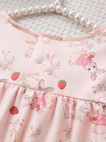 2pcs Baby Girl/Toddler Girl Cute Strawberry Rabbit All Over Print Elegant Casual Ruffled Collar Short Sleeve Top And Pants Homewear Set, Pink Toddler Young Girls Sets Baby Girl Night Wear Baby Girl Summer Clothes Baby Girls Pajamas Baby Girls Sets Elegant