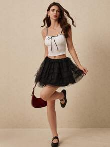 Poéselle Saia de Tule Multilayer Cor Sólida Moda Feminina - Preto - Visão 3
