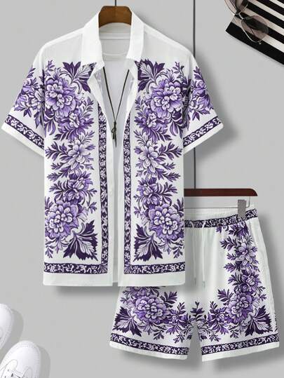 Manfinity RSRT Plus Size Men Summer Casual Floral Print Front Button Short Sleeve Shirt And Shorts Set