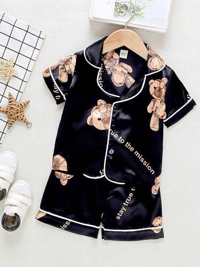 طقم بيجامة ساتان بطباعة رسوم كرتونية للأولاد، بيجامات حريرية للأولاد