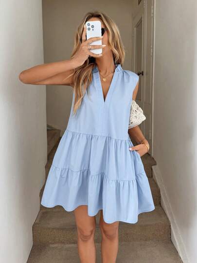 Easowa Short Sleeveless Pleated Dress With Pockets, A-Line Flare Hem, Elegant For Vacation And Everyday Wear, Ladies Summer Dresses For Women Vacation Outfits Woman Modest Dresses For Women Ruffle Dress