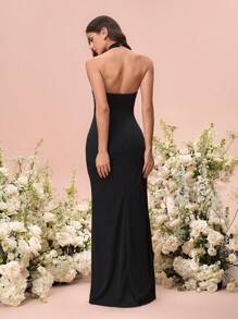 Glamine Women's Elegant Mesh Panel High Slit Halter Neck Dress,Black Summer Dining Wedding Guest Prom Formal Outfits Criss-Cross Backless Strap Mini Dress - Black - View 3