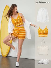 GLOWMODE X Nature Dream Bali Crocheted Chlorine-Resistant Lining Adjustable Drawstring Waist Shorts Daily Casual Summer Beach Vacation Holiday Wear - Yellow - View 5