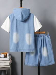 2 件套休闲时尚青少年男孩牛仔连帽背心和短裤套装，适合春夏日常装 - 彩色 - 查看 2