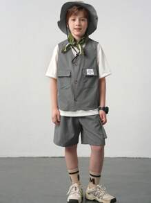 SHEIN Conjunto informal de 3 piezas para niño preadolescente con Top de tirantes con estampado gráfico y de letras, camiseta y pantalones cortos - Gris - Ver 7