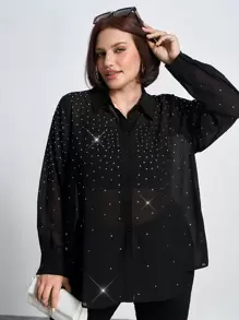Chikora Blusa elegante de manga larga con decoración de rhinestones y malla, informal para negocios, talla grande para mujer