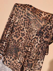 SHEIN BAE 加大码女式夏季海滩度假荷叶边性感透明豹纹修身长袖上衣和裙子套装，适合约会、派对、返校、节日、生日、晚间活动 - 棕色 - 查看 7